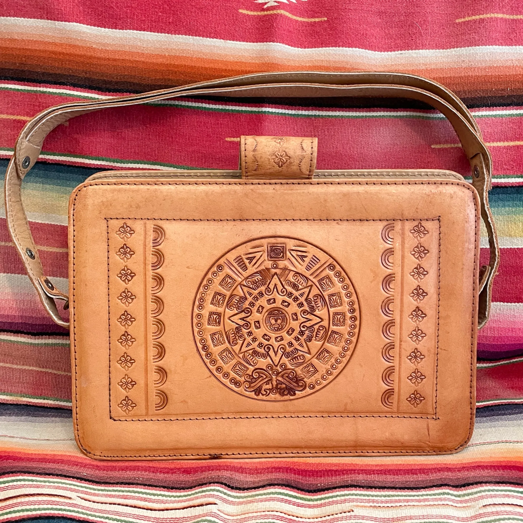 SOLD Vintage Tooled Leather Handbag, Donkey Boy/Aztec Design Purse