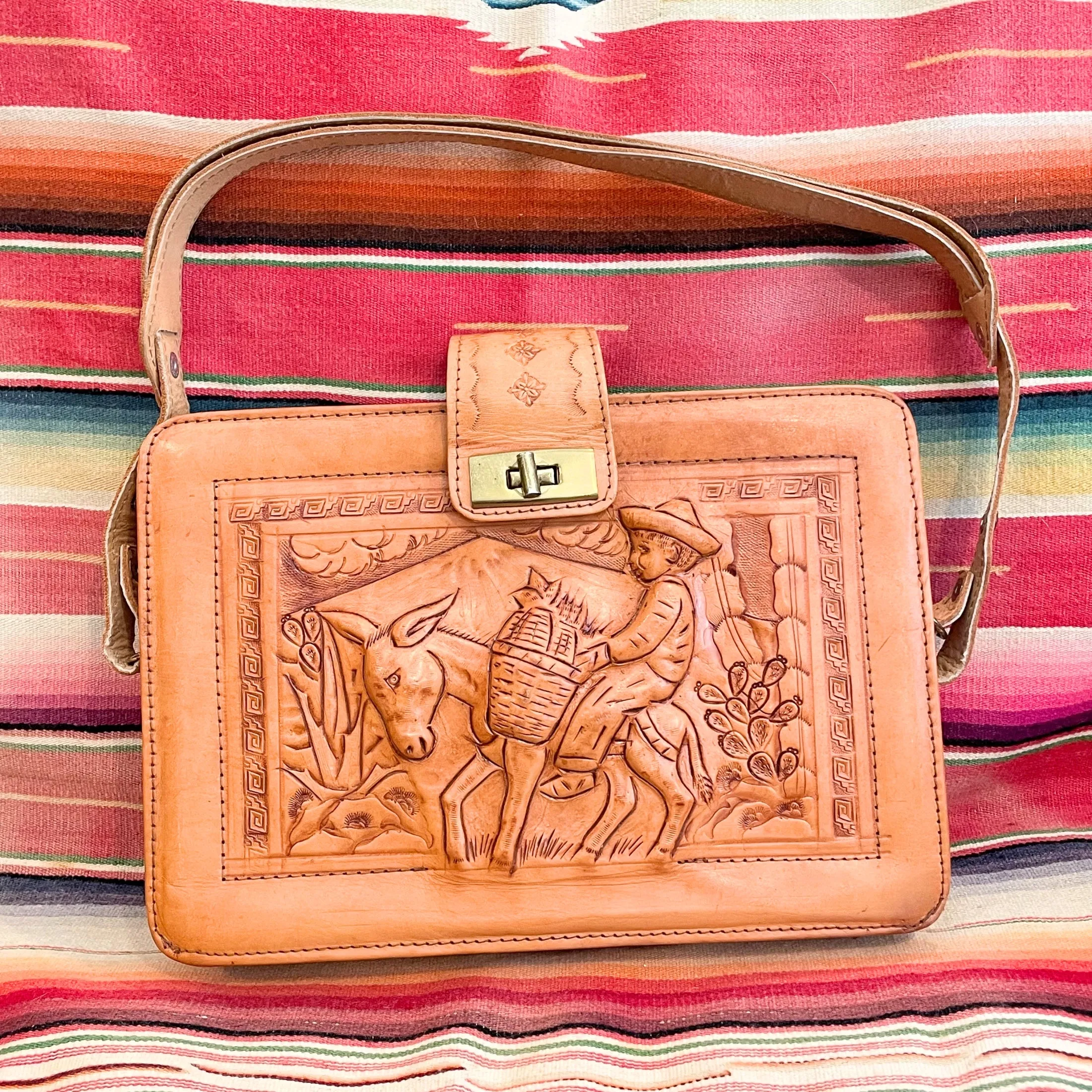 SOLD Vintage Tooled Leather Handbag, Donkey Boy/Aztec Design Purse