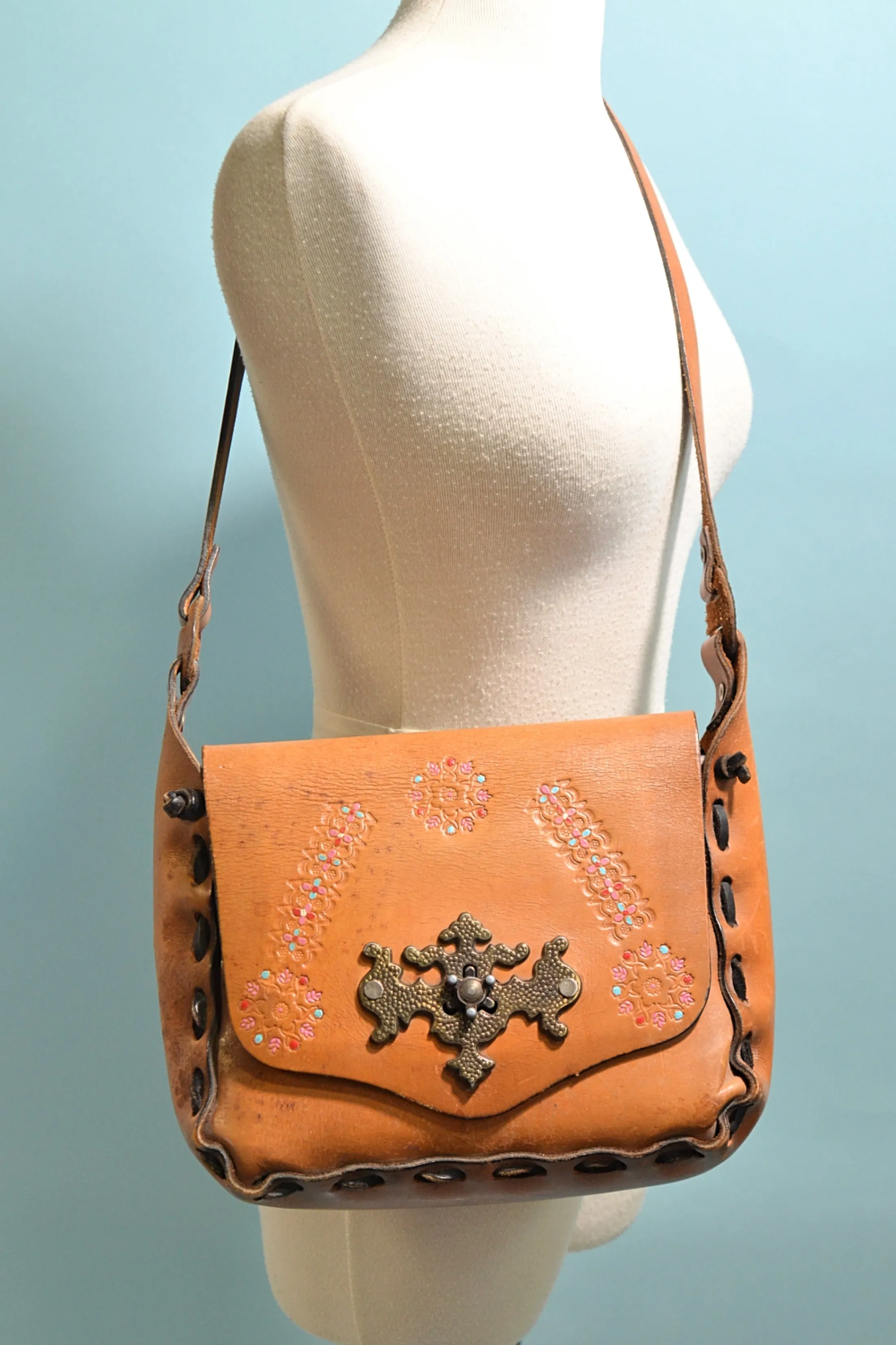 SOLD Vintage Tooled Leather Painted Handbag, OOAK Hippie Handmade Shoulder Bag