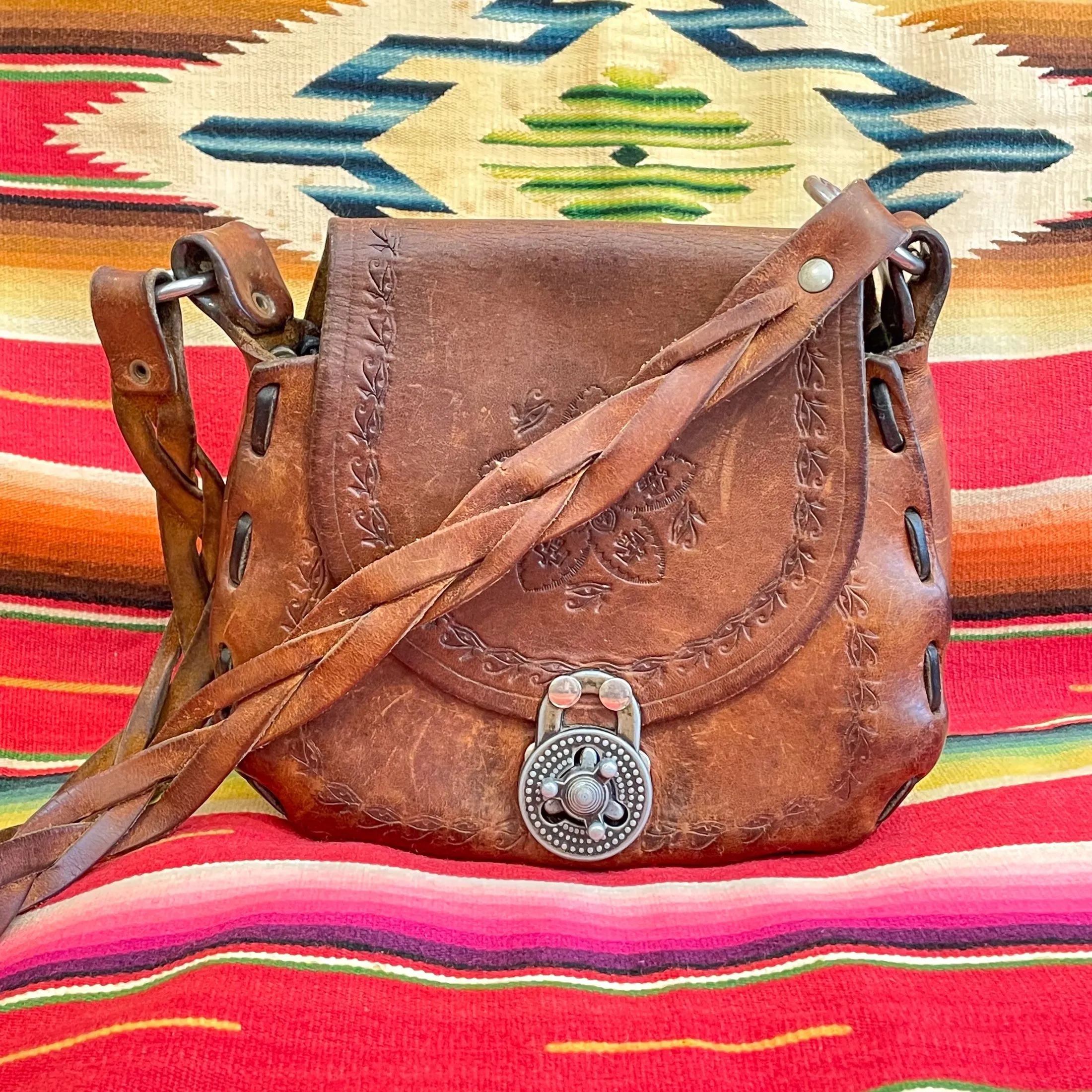 SOLD Vintage Tooled/Stamped Leather Hippie Shoulder Bag