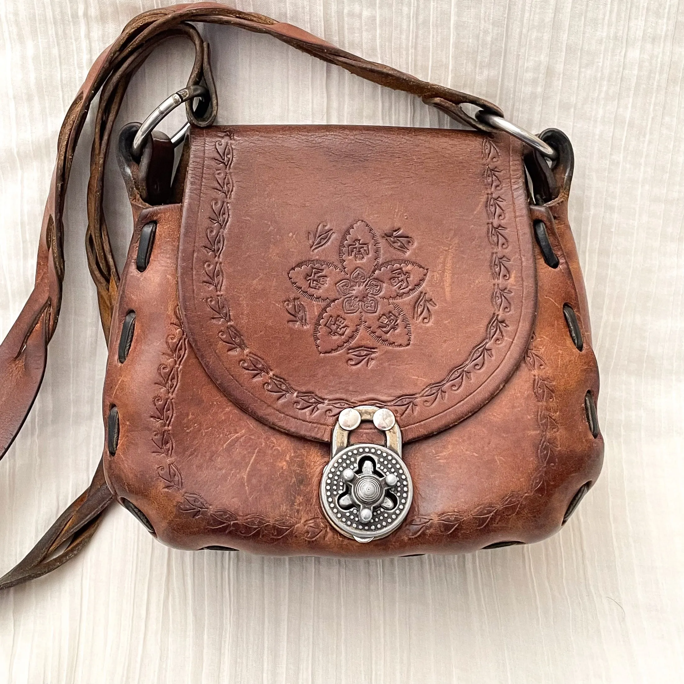 SOLD Vintage Tooled/Stamped Leather Hippie Shoulder Bag