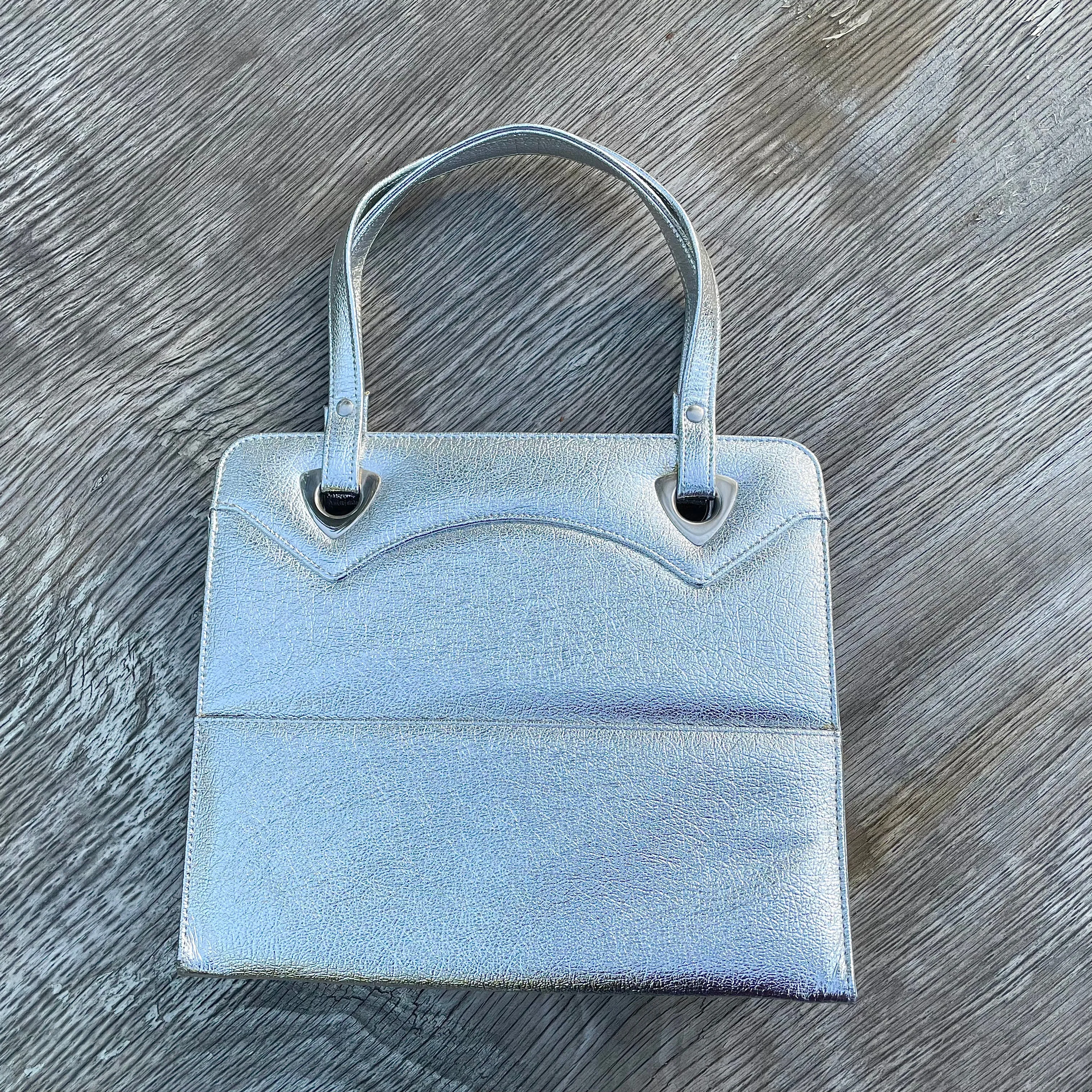 Vintage 60s Metallic Silver Handbag/Tote, Faux Leather by Berne