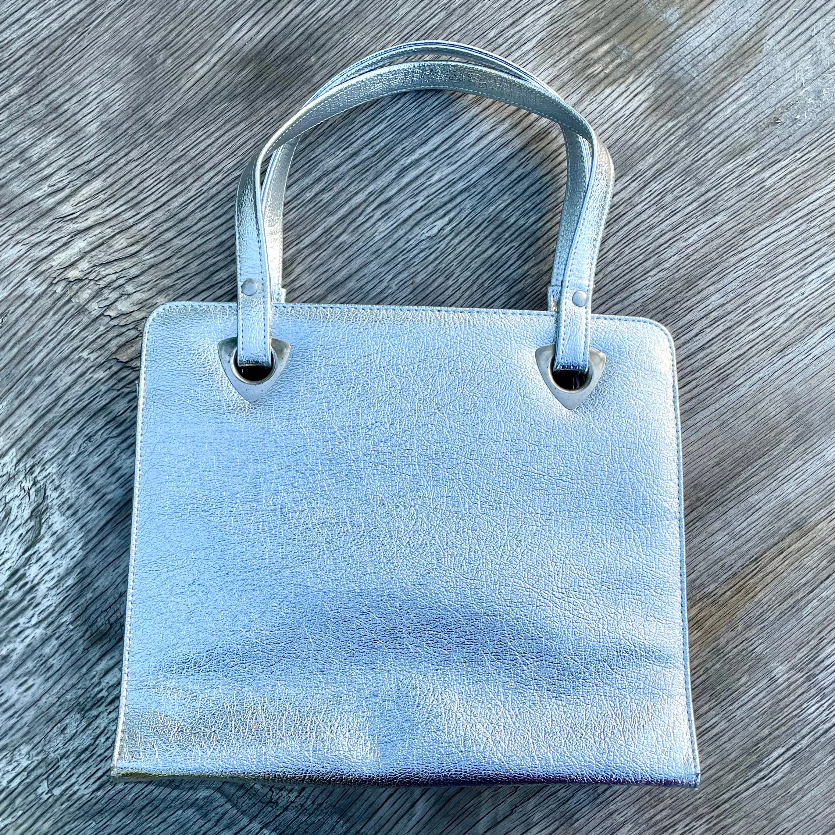 Vintage 60s Metallic Silver Handbag/Tote, Faux Leather by Berne