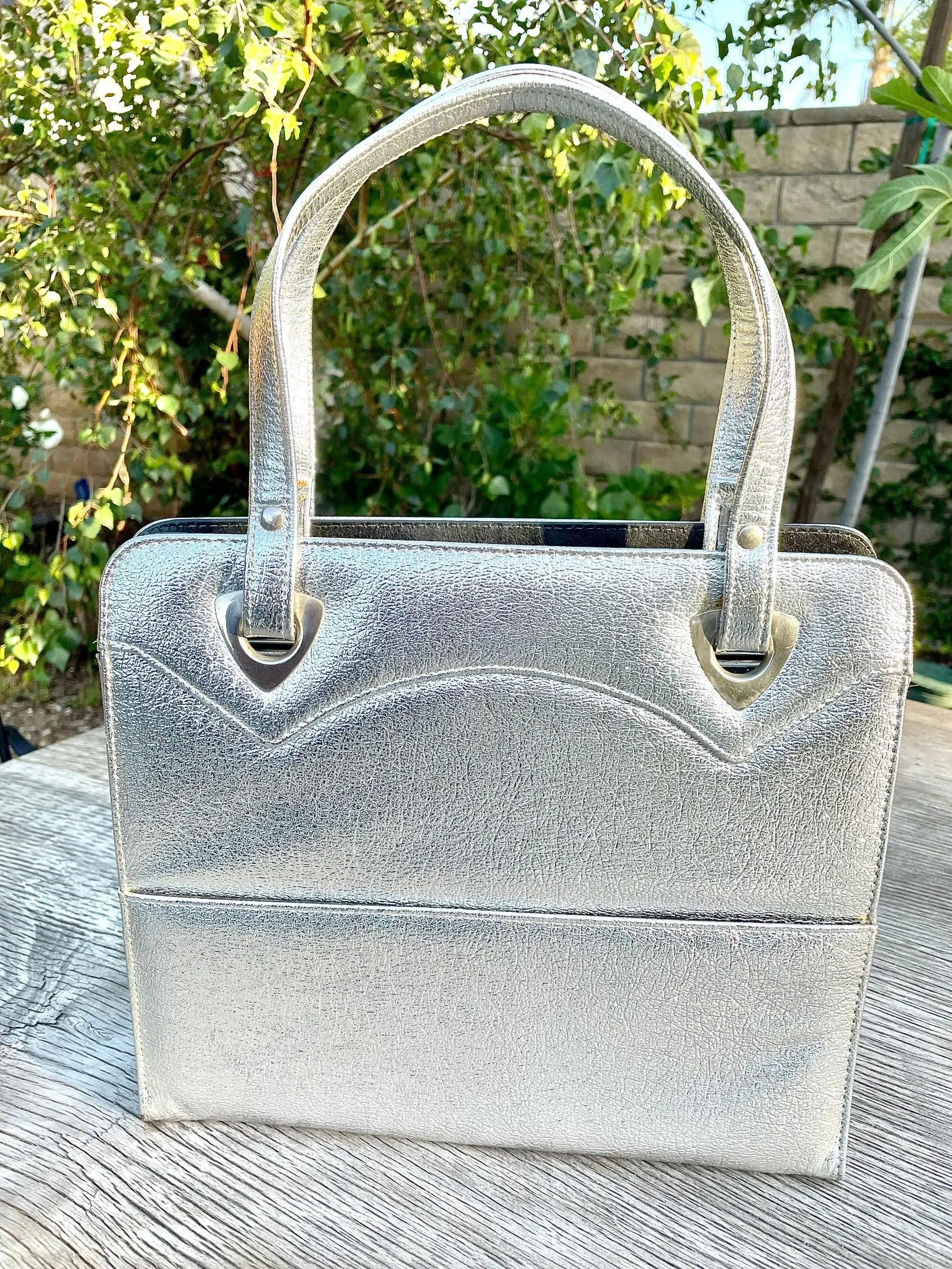 Vintage 60s Metallic Silver Handbag/Tote, Faux Leather by Berne