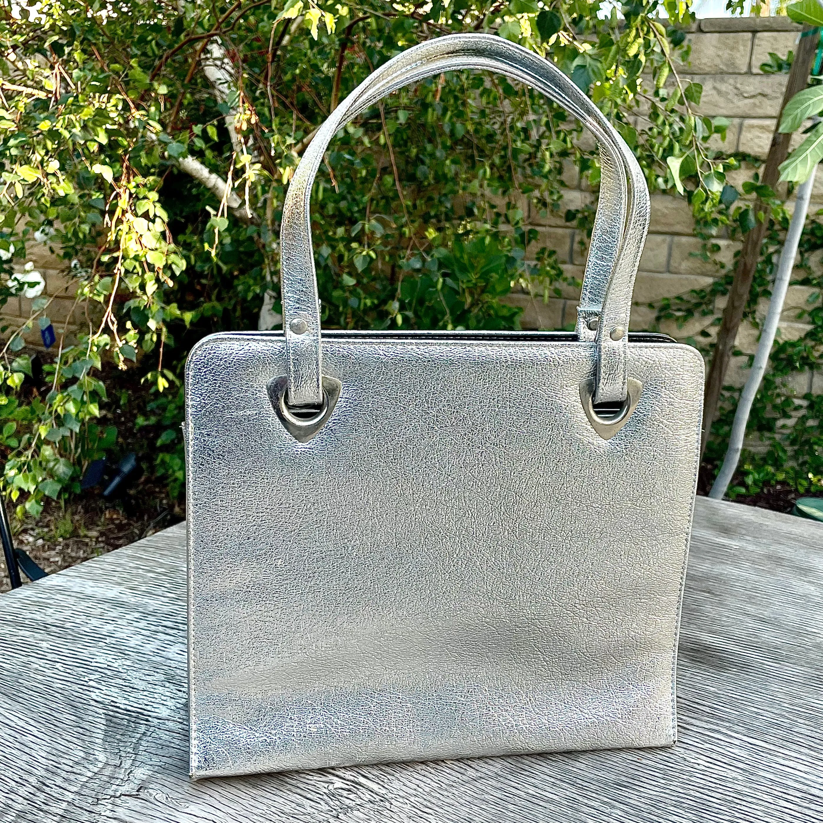 Vintage 60s Metallic Silver Handbag/Tote, Faux Leather by Berne