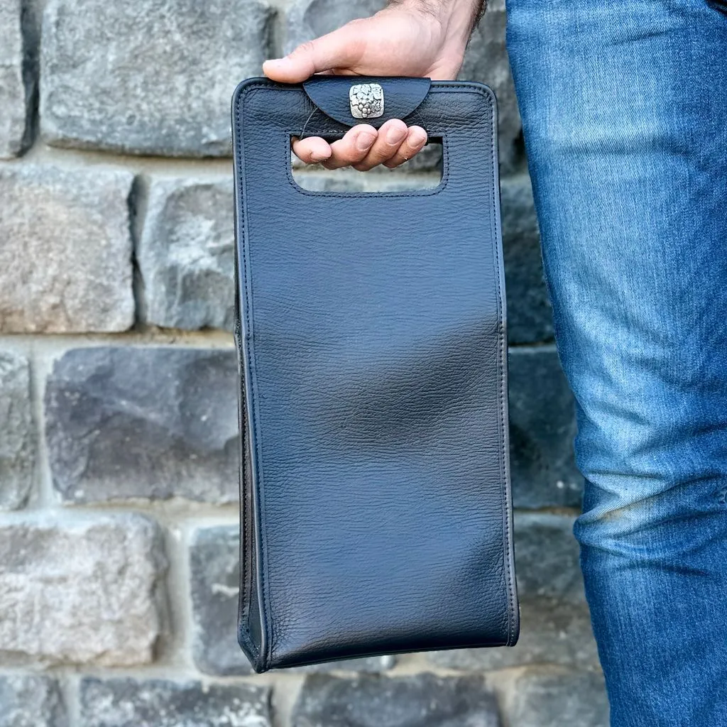 Wine Bottle Bag, Pebbled Leather in Black