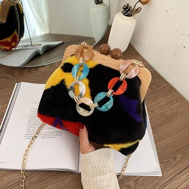 Wood Clip Plush Handbag